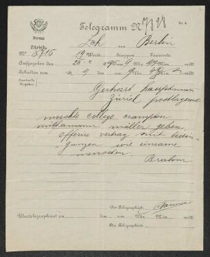 Brief von Otto Brahm an Gerhart Hauptmann