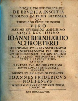 Disquisitio epist. de erudita inscitia theologo inprimis necessaria