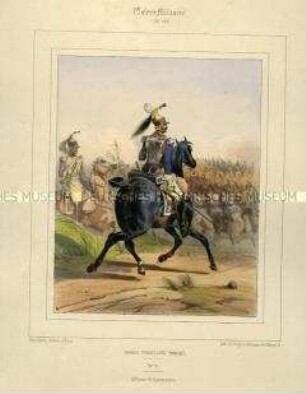 Uniformdarstellung, Trompeter und Offizier des Kürassier-Regiments, Kaiserreich Frankreich, 1804/1812. Tafel Nr. 130 aus: Galerie Militaire.