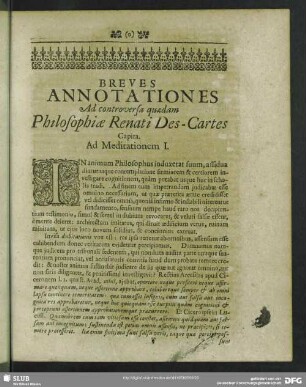 Breves Annotationes Ad controversa quaedam Philosophiae Renati Des-Cartes Capita