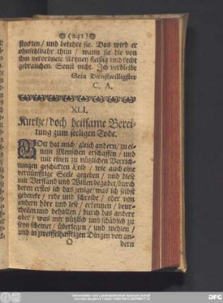 XLI. Kurtze, doch heilsame Bereitung zum seeligen Tode.