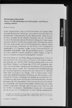 Hochschulen historisch : Neuere Veröffentlichungen zur Universitäts- und Wissenschaftsgeschichte