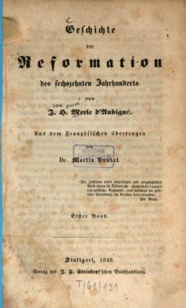 Geschichte der Reformation des sechzehnten Jahrhunderts, 1