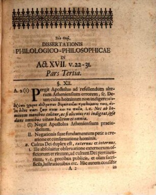 Dissertatio Philologico-Philosophica In Orationem Pavlinam In Areopago Athenarvm Habitam : A Lvca Descriptam Actor. XVII. 22. - 31., Pars III.