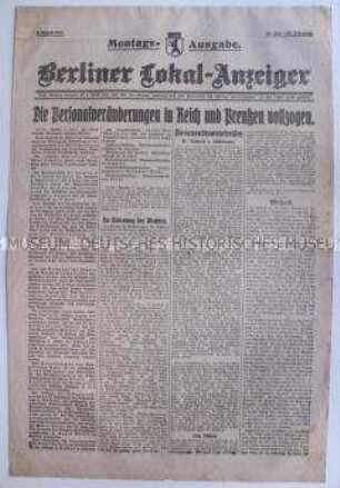 Tageszeitung "Berliner Lokal-Anzeiger" zu Regierungsumbildungen im Deutschen Reich und in Preußen