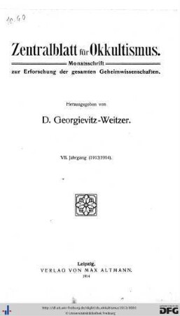 7: Zentralblatt für Okkultismus: Monatsschrift zur Erforschung der gesamten Geheimwissenschaften