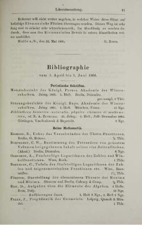 Bibliographie vom 1. April bis 1. Juni 1866.