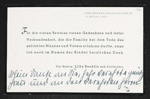 Brief von Lilly Bechtle an Margarete Hauptmann und Gerhart Hauptmann
