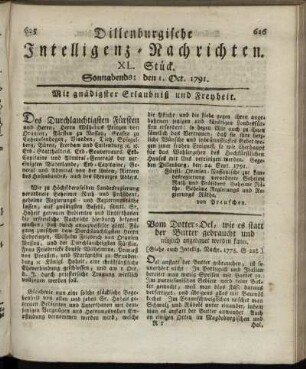 XL. Stück. Sonnabends: den 1. Oct. 1791.