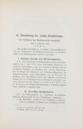 6) Verordnung des Justiz-Ministeriums. Die Gebühren der Rechtsanwälte betreffend. Vom 16. September 1879