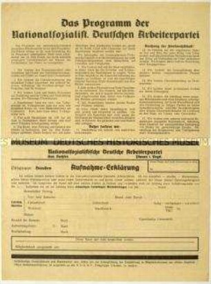 Flugblatt mit dem politischen Programm der NSDAP und Pressewerbung