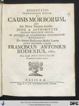 Dissertatio Inauguralis Mdica [!] De Causis Morborum