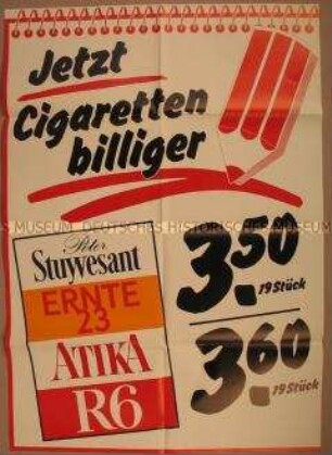 Werbeposter für "R6, Peter Stuyvesant, Atika, Ernte 23"-Zigaretten