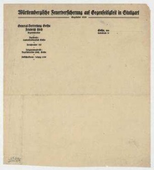 Briefpapier mit Briefkopf "Württembergische Feuerversicherung auf Gegenseitigkeit in Stuttgart"