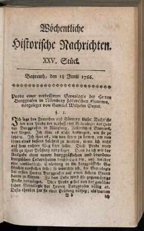 XXV. Stück. Bayreuth, den 18. Junii 1766.