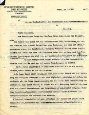 Schreiben der Zentrale der KP der Schweiz an die Geschäftsleitung der Sozialdemokratischen Partei der Schweiz zur Koordinierung von Aktionen gegen die faschistische Bewegung