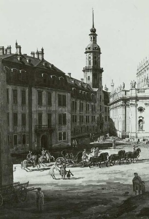 Dresden Elbufer, sechsspännige Kutsche, Bellotto-Gemälde