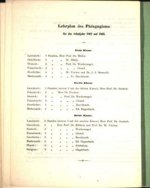 Lehrplan des Pädagogiums für das Schuljahr 1862 auf 1863.