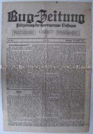 Feldzeitung "Bug-Zeitung" mit Kurzmeldungen über die Lage in Russland nach der Oktoberrevolution