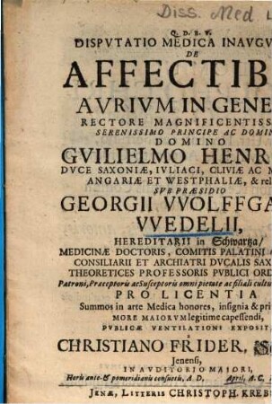 Dispvtatio Medica Inavgvralis De Affectibvs Avrivm In Genere