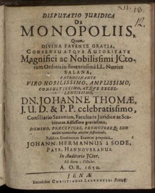Disputatio Iuridica De Monopoliis