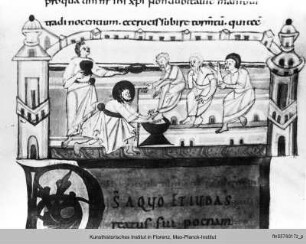Sakramentar : Buchseite mit Text und Miniatur am unteren Seitenabschluss