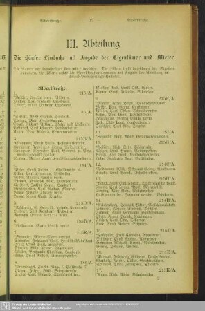 III. Abteilung. Häuserbuch : III Abteilung. Die Häuser Limbachs mit Angabe der Eigentümer und Mieter