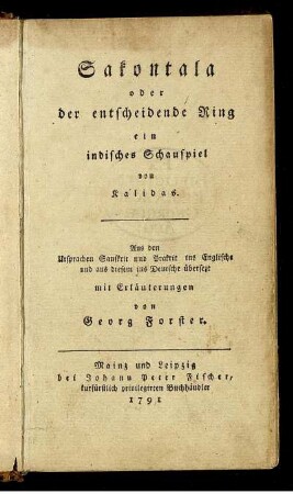 Sakontala oder der entscheidende Ring : ein indisches Schauspiel