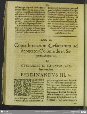 Num. 12. Copia litterarum Caesarearum ad deputatos Coloniae de 25. Septemb. Anno 1641