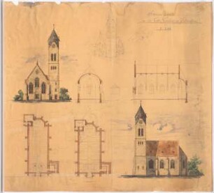 Sankt Bonifatius, Bad Salzuflen: Grundrisse, Vorder- und Seitenansicht, perspektivische Ansicht und Schnitte 1:200