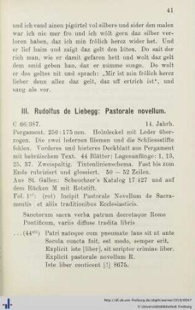 III. Rudolfus de Liebegg: Pastorale novellum.