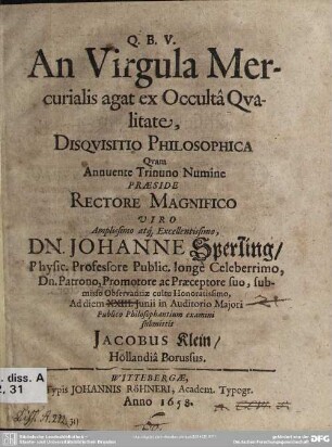 An Virgula Mercuralis agat ex Occultâ Qvalitate, Disqvisitio Philosophica