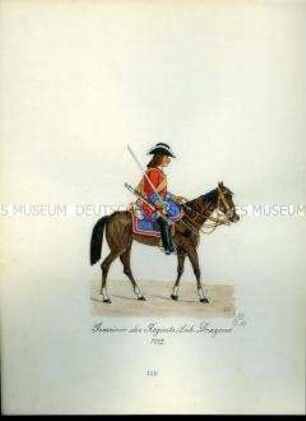 Uniformdarstellung, Gemeiner des Leib-Dragoner-Regiments zu Pferd, 1712. Aus: Sammelmappe "Sachsens Militär", Königliche Arsenalsammlung.