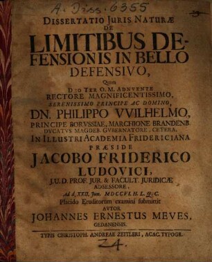 Dissertatio Iuris Naturae De Limitibus Defensionis In Bello Defensivo