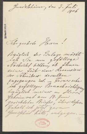 Brief an B. Schott's Söhne : 03.07.1906