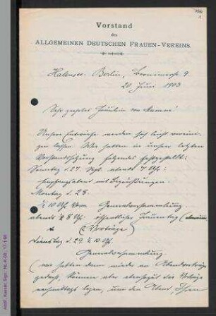 Briefentwurf von Helene Lange an Elisabeth von Mumm