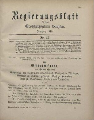 Nr. 147: Fünftes Gesetz, vom 17. Juli 1918, zur vorübergehenden Abänderung der Gemeindeordnung