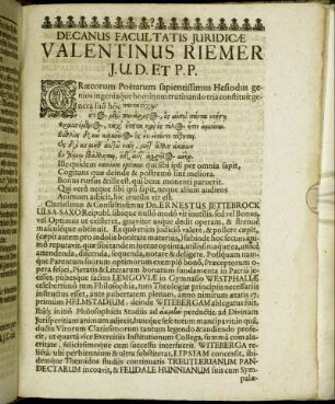 Decanus Facultatis Juridicæ Valentinus Riemer J.U.D. Et P.P.