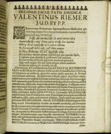 Decanus Facultatis Juridicæ Valentinus Riemer J.U.D. Et P.P.
