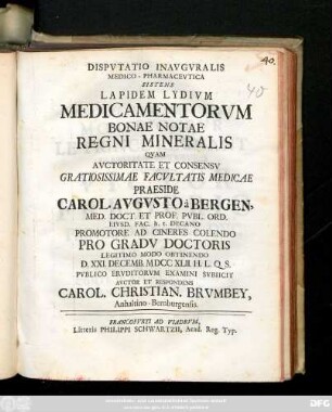 Dispvtatio Inavgvralis Medico-Pharmacevtica Sistens Lapidem Lydivm Medicamentorvm Bonae Notae Regni Mineralis