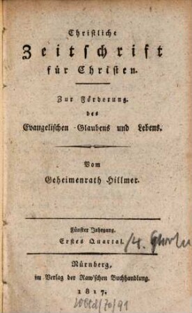 Christliche Zeitschrift für Christen : zur Förderung des evangelischen Glaubens und Lebens. 5. 1817/19