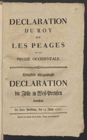 Déclaration Du Roy Sur Les Péages De La Prusse Occidentale