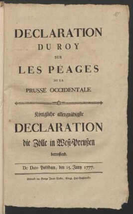 Déclaration Du Roy Sur Les Péages De La Prusse Occidentale