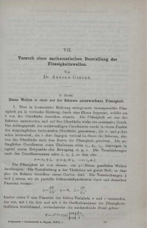 VII. Versuch einer mathematischen Darstellung der Flüssigkeitswellen.