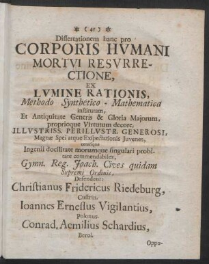 Dissertationem hanc pro Corporis Humani Mortui Resurrectione, Ex Lumine Rationis, ...