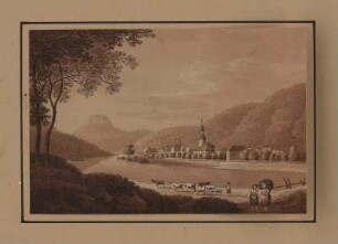 Ansicht von Schandau und Lilienstein, sepiagetönte Umrissradierung, um 1821 : Zingg, Adrian : Schandau und Lilienstein / [gefertigt von Adrian Zingg?]. - [S.l.] , [ca. 1821]. - 1 Kunstbl. : sepiagetönte Umrißradierung ; 15 x 10 cm