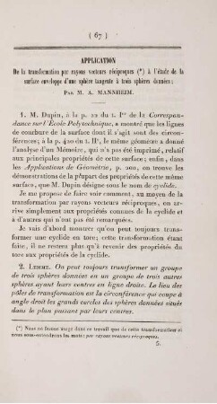 Application de la transformation par rayons vecteurs réciproques à l'étude de la surface enveloppe d'une sphère tangente à trois sphères données.