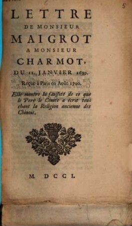 Lettre à Ms. Charmot 1700 touchant la Religion ancienne des Chinois