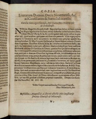 M3r Copia Literarum Domini Ducis Nivernensis ... ad Consiliarios & status Iuliacenses ...