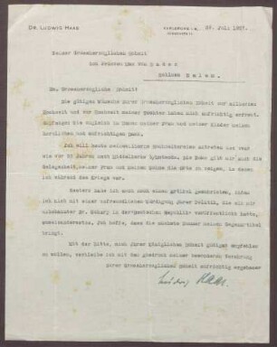 Schreiben von Ludwig Haas an Prinz Max von Baden; Dank für die Glückwünsche zur silbernen Hochzeit